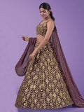 Elegant maroon and gold lehenga with floral embroidery, perfect for festive occasions and weddings.