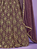 Elegant maroon lehenga with gold embroidery and scalloped dupatta, perfect for festive occasions.