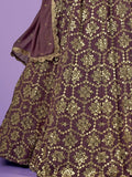 Elegant maroon lehenga with gold floral embroidery and sequin detailing, perfect for festive occasions.