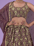 Purple and gold embroidered lehenga set with matching dupatta, perfect for festive occasions and traditional events.