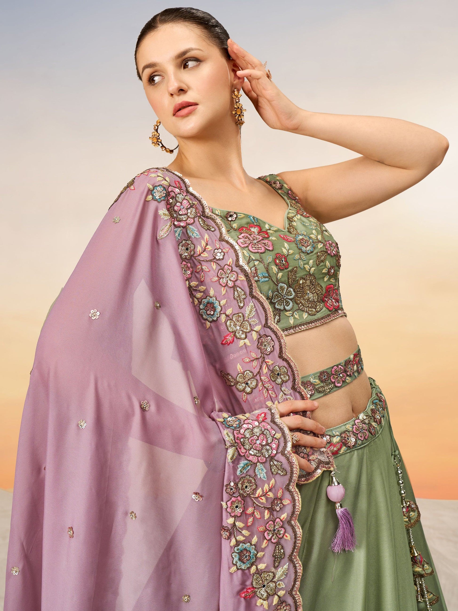 Attractive Lime Green Embroidered Georgette Designer Lehenga Choli - Zeel Clothing