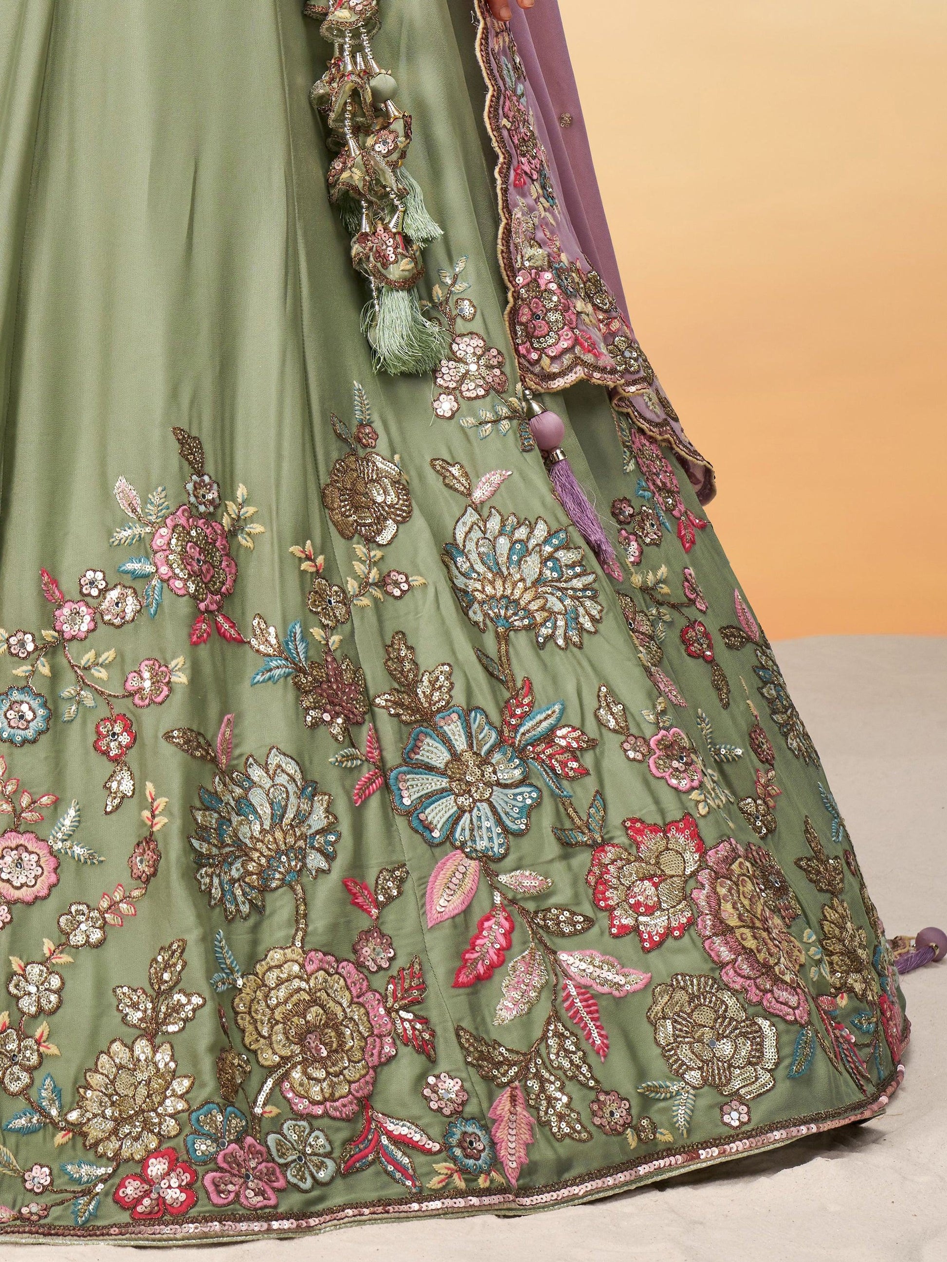 Attractive Lime Green Embroidered Georgette Designer Lehenga Choli - Zeel Clothing