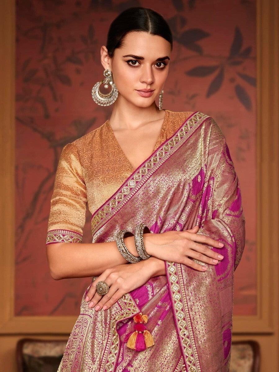 Attractive Magenta Zari Weaving Silk Wedding Wear Saree With Blouse