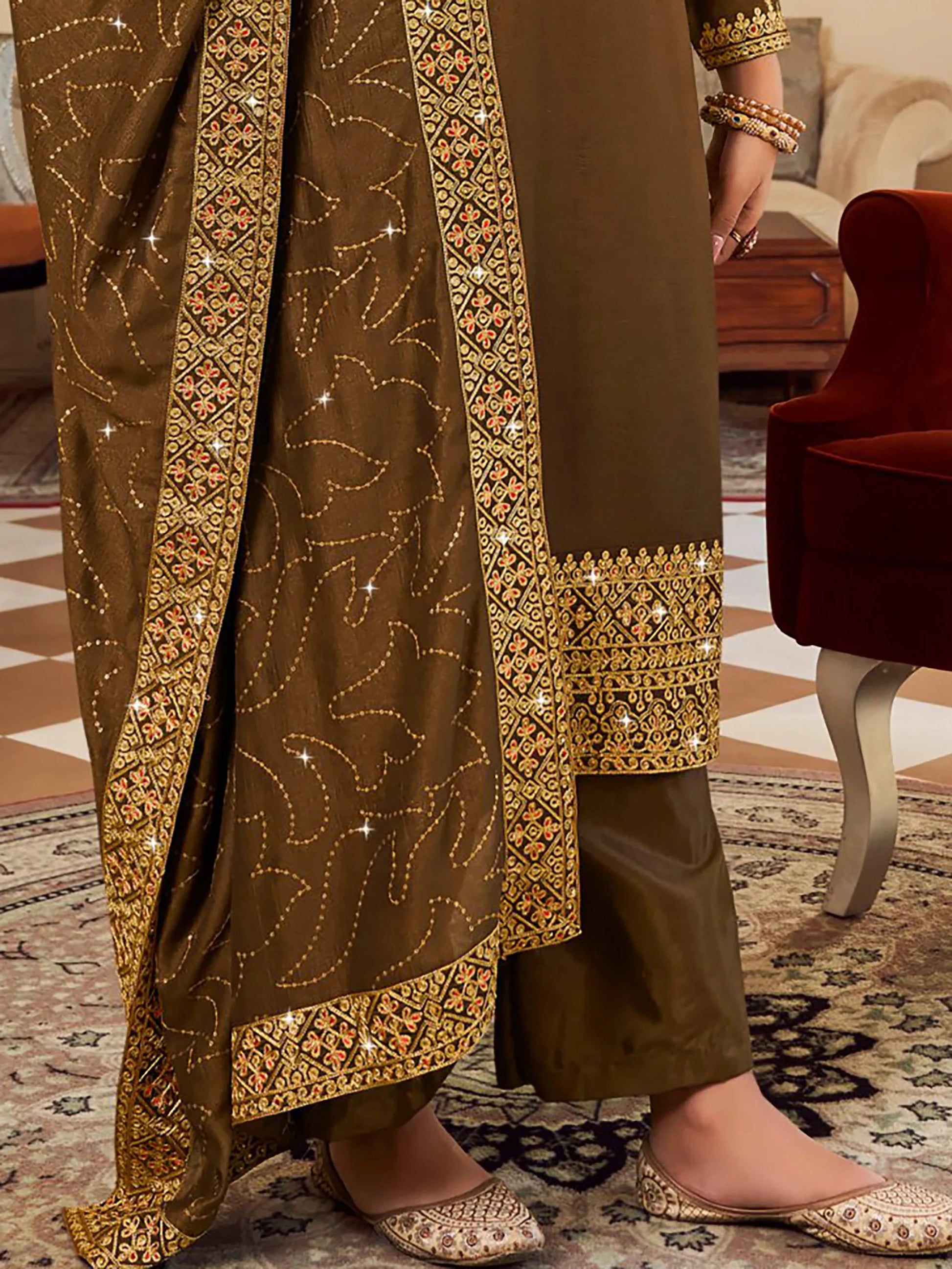 Attractive Mahendi Green Embroidered Vichitra Festival Wear Salwar Suit - Zeel Clothing