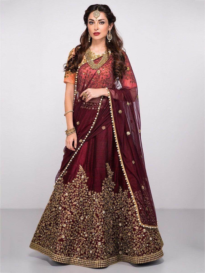 Attractive Maroon Colored Partywear Designer Embroidered Silk Lehenga Choli - Zeel Clothing