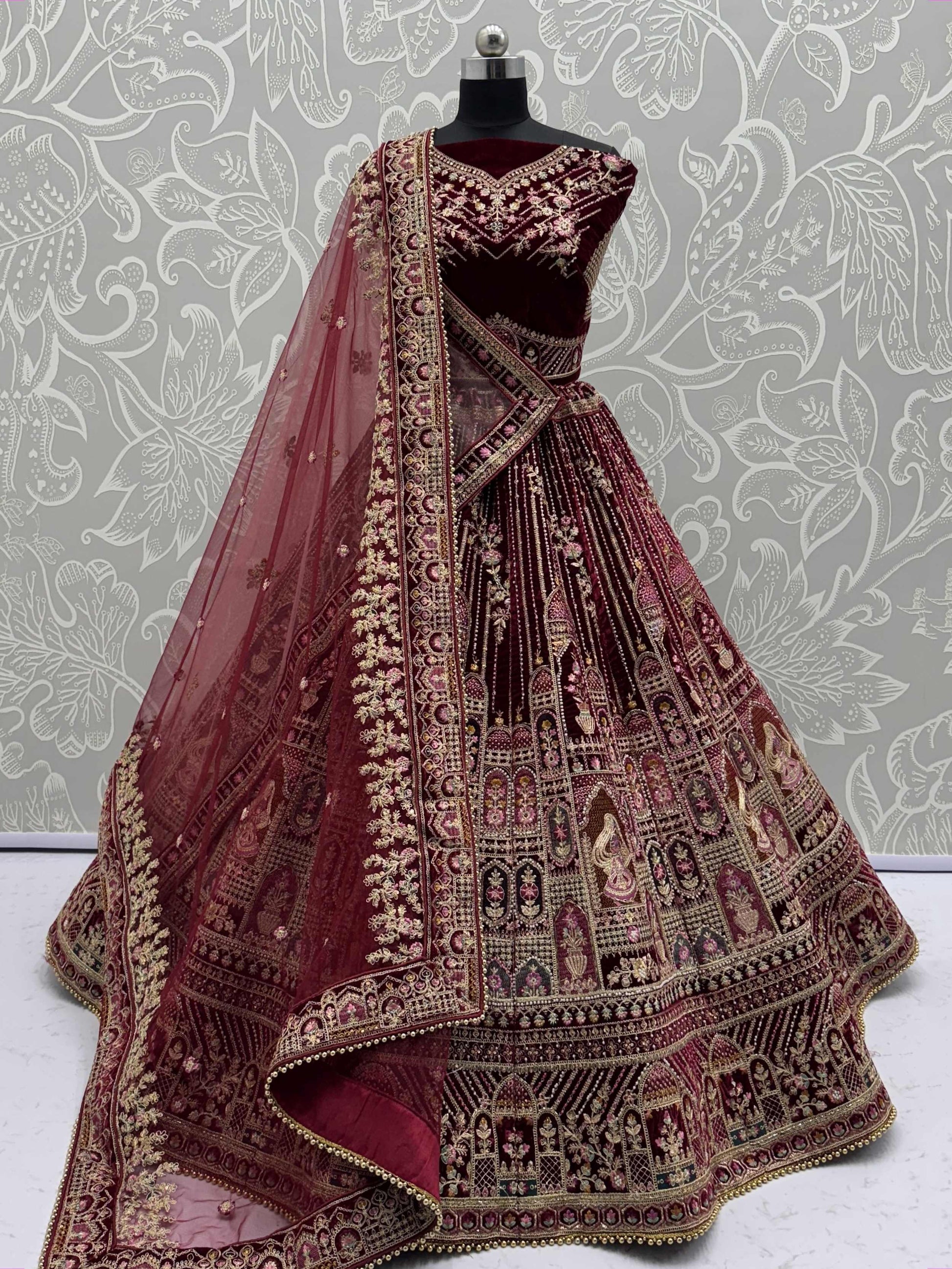Attractive Maroon Dori Embroidery Velvet Bridal Lehenga Choli With Double Dupatta