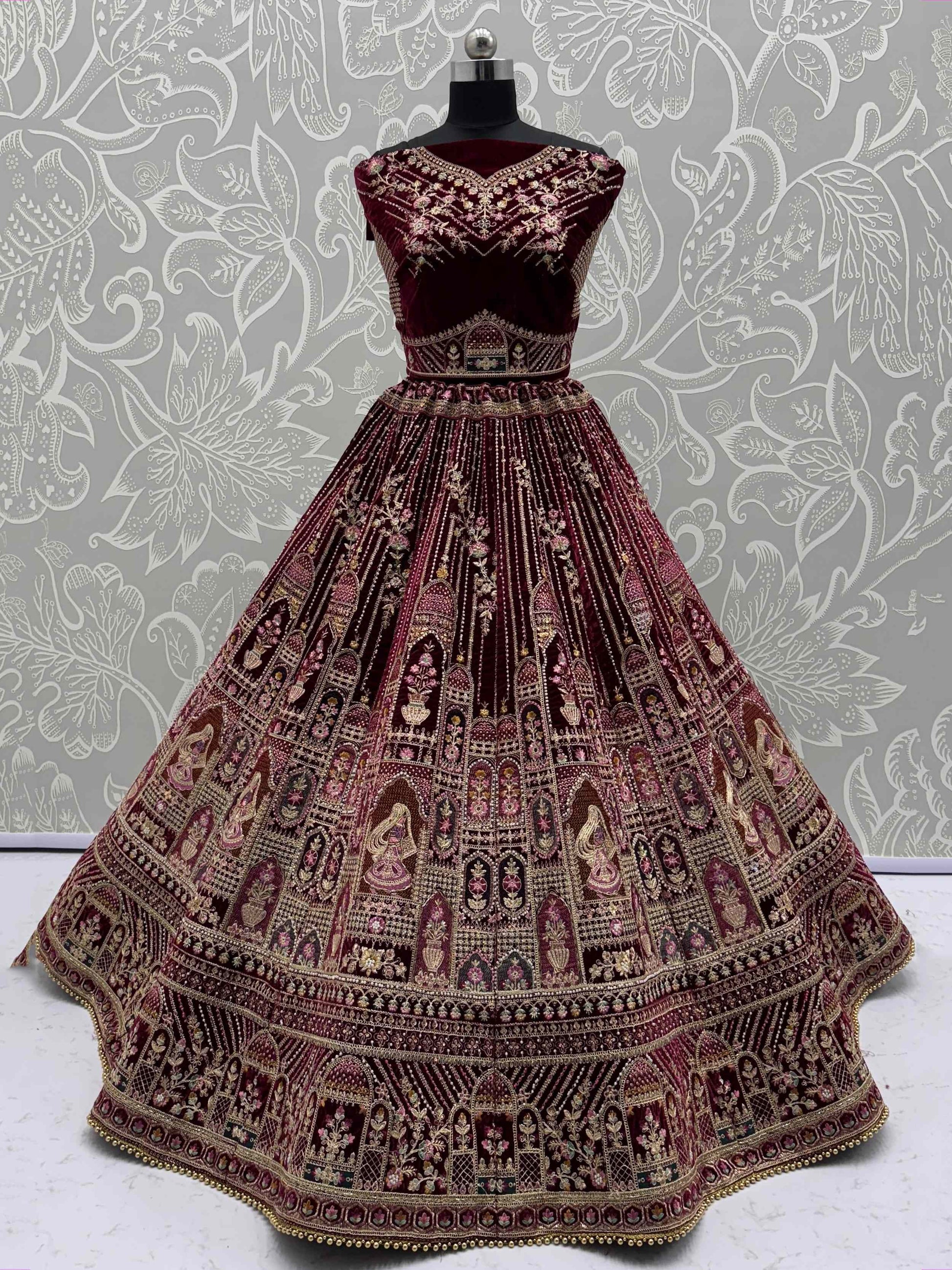 Attractive Maroon Dori Embroidery Velvet Bridal Lehenga Choli With Double Dupatta
