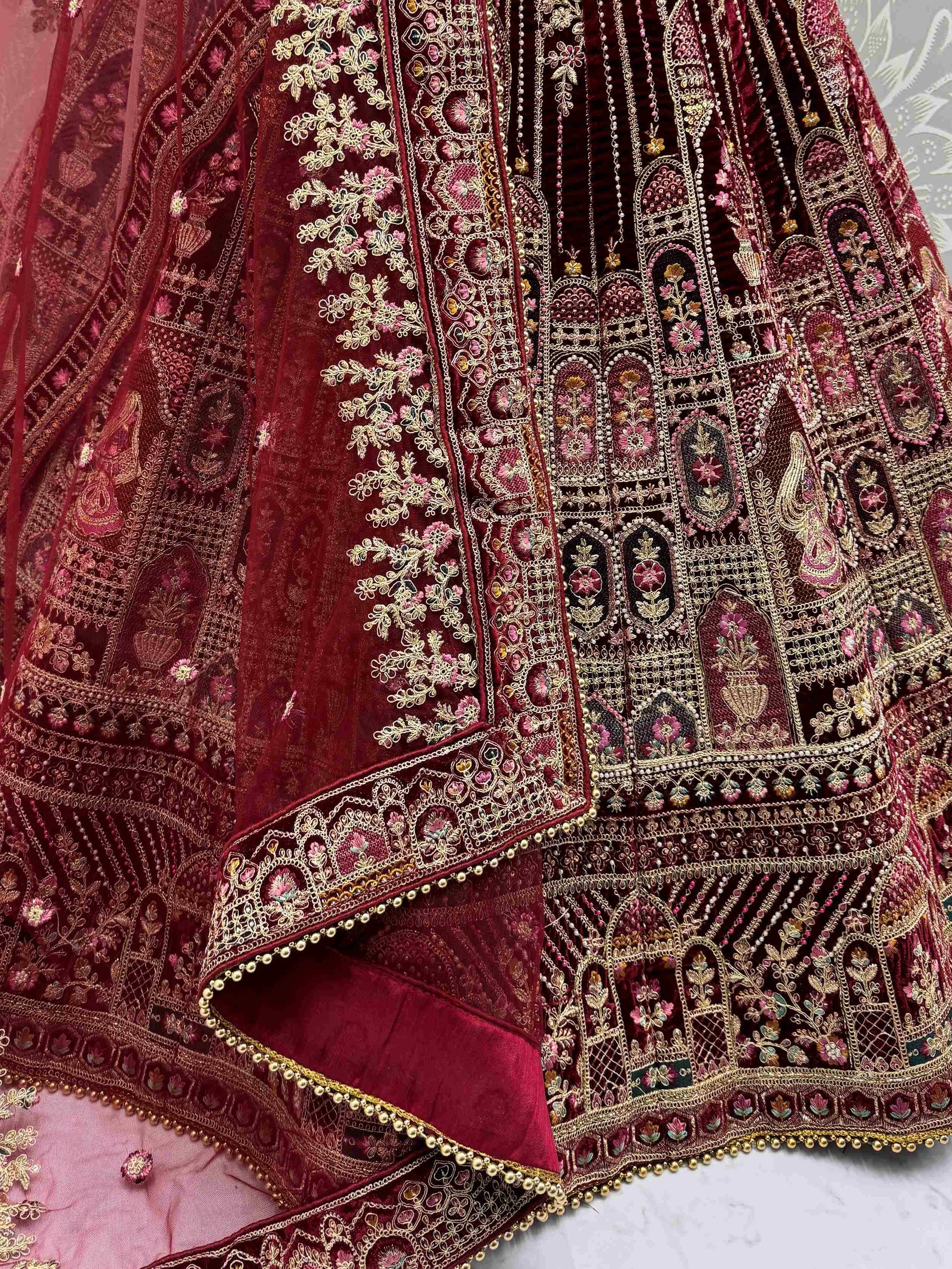 Attractive Maroon Dori Embroidery Velvet Bridal Lehenga Choli With Double Dupatta