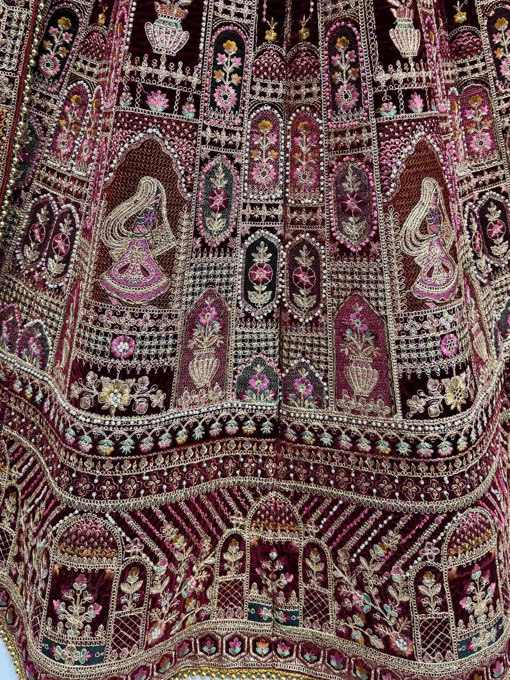 Attractive Maroon Dori Embroidery Velvet Bridal Lehenga Choli With Double Dupatta