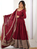 Attractive Maroon Embroidered Chinon Silk Wedding Wear Anarkali Suit With Dupatta