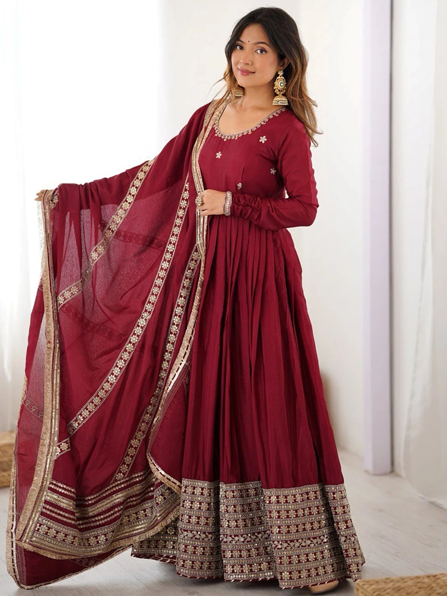 Attractive Maroon Embroidered Chinon Silk Wedding Wear Anarkali Suit With Dupatta