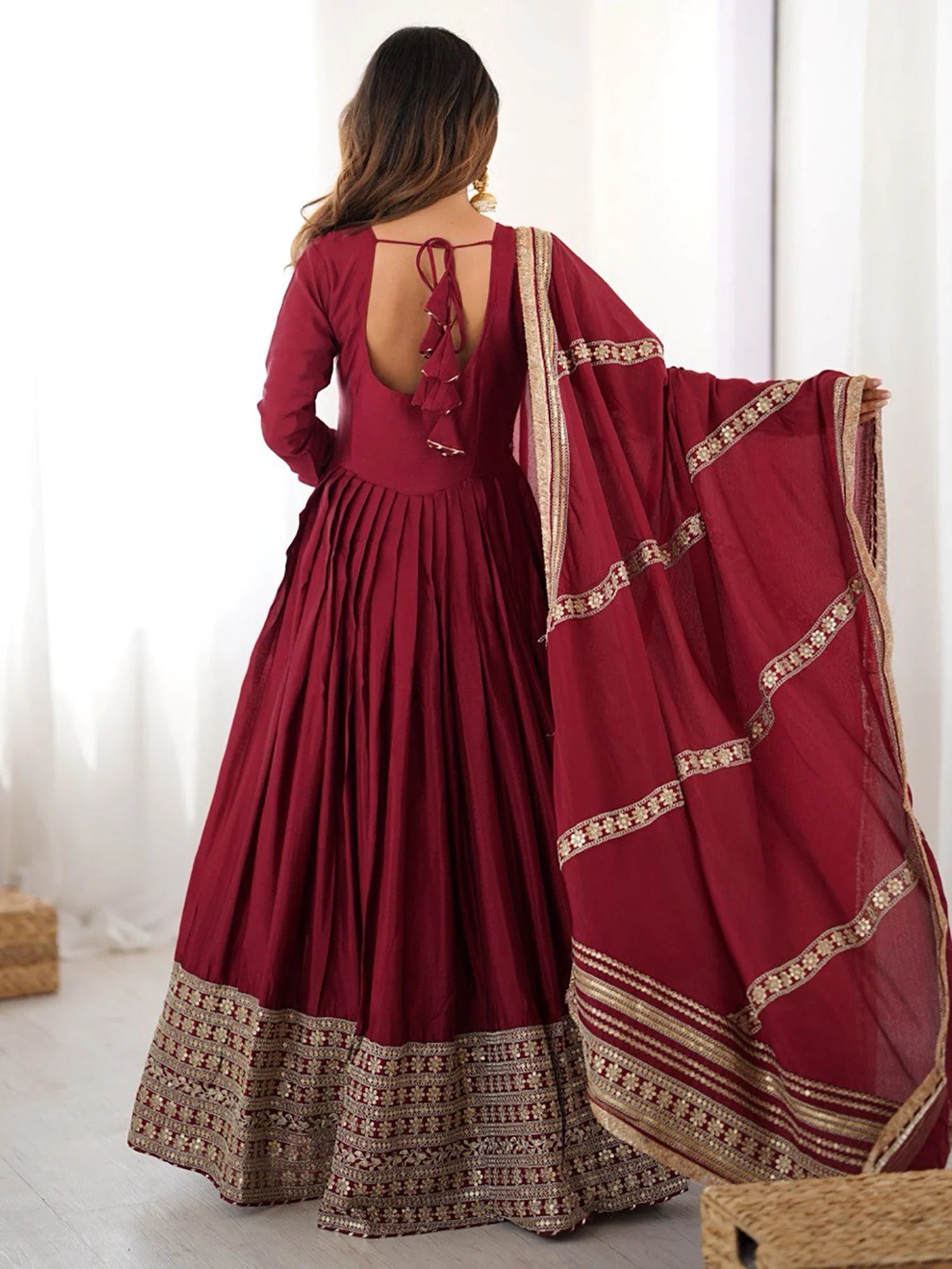 Attractive Maroon Embroidered Chinon Silk Wedding Wear Anarkali Suit With Dupatta