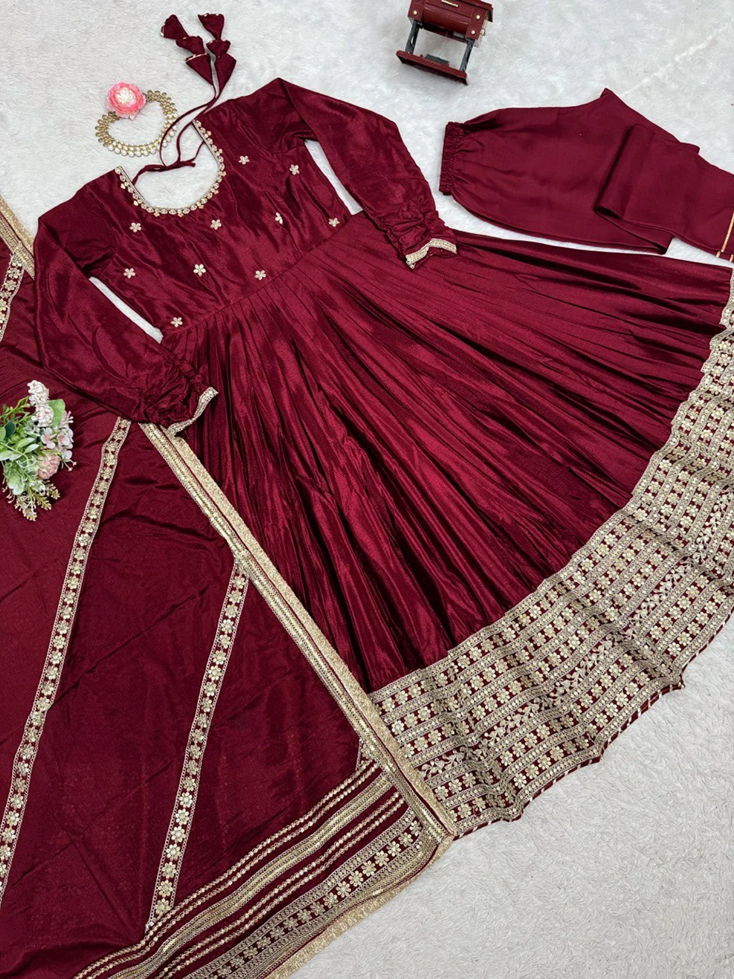 Attractive Maroon Embroidered Chinon Silk Wedding Wear Anarkali Suit With Dupatta
