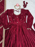 Attractive Maroon Embroidered Chinon Silk Wedding Wear Anarkali Suit With Dupatta