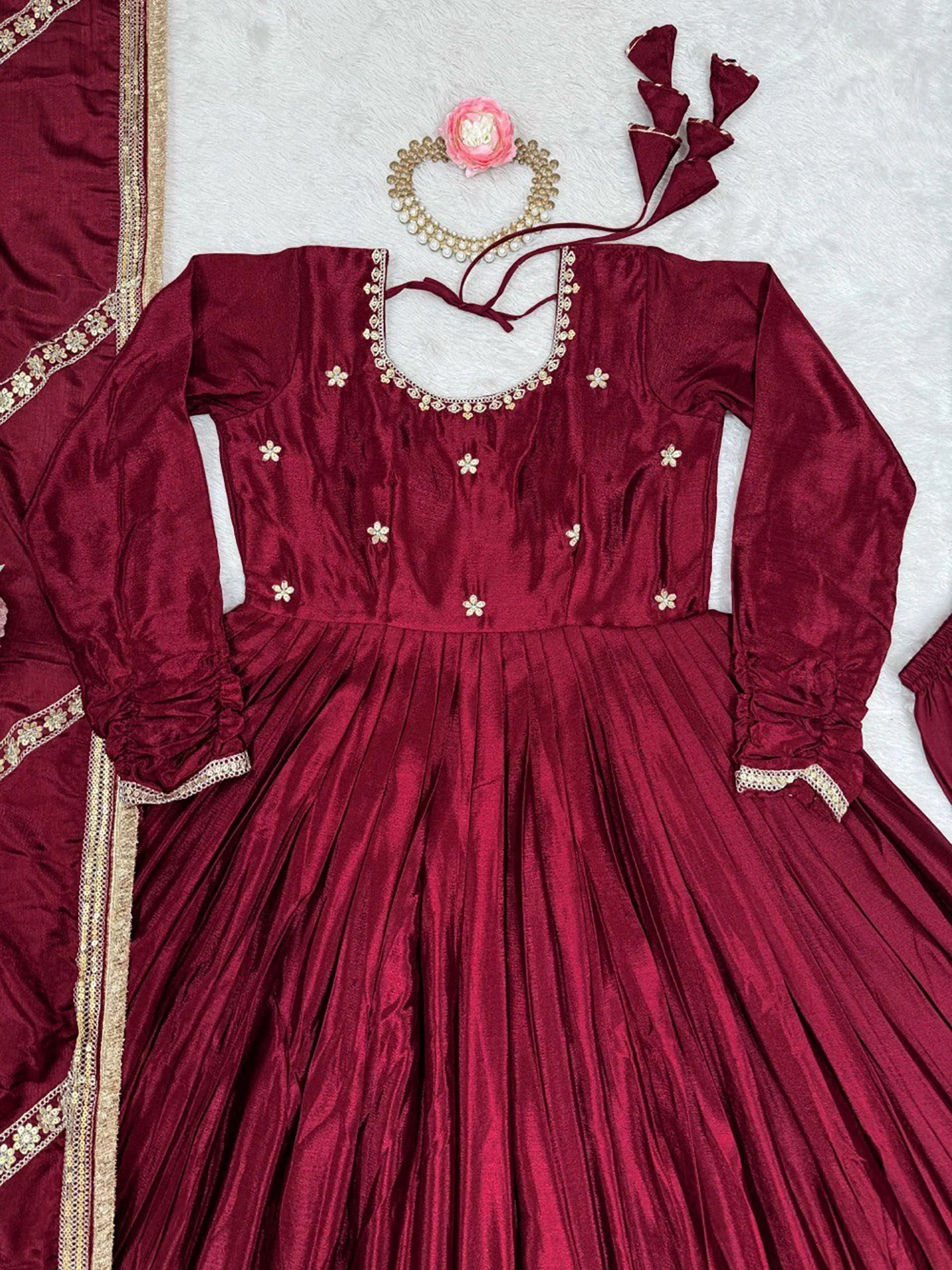 Attractive Maroon Embroidered Chinon Silk Wedding Wear Anarkali Suit With Dupatta