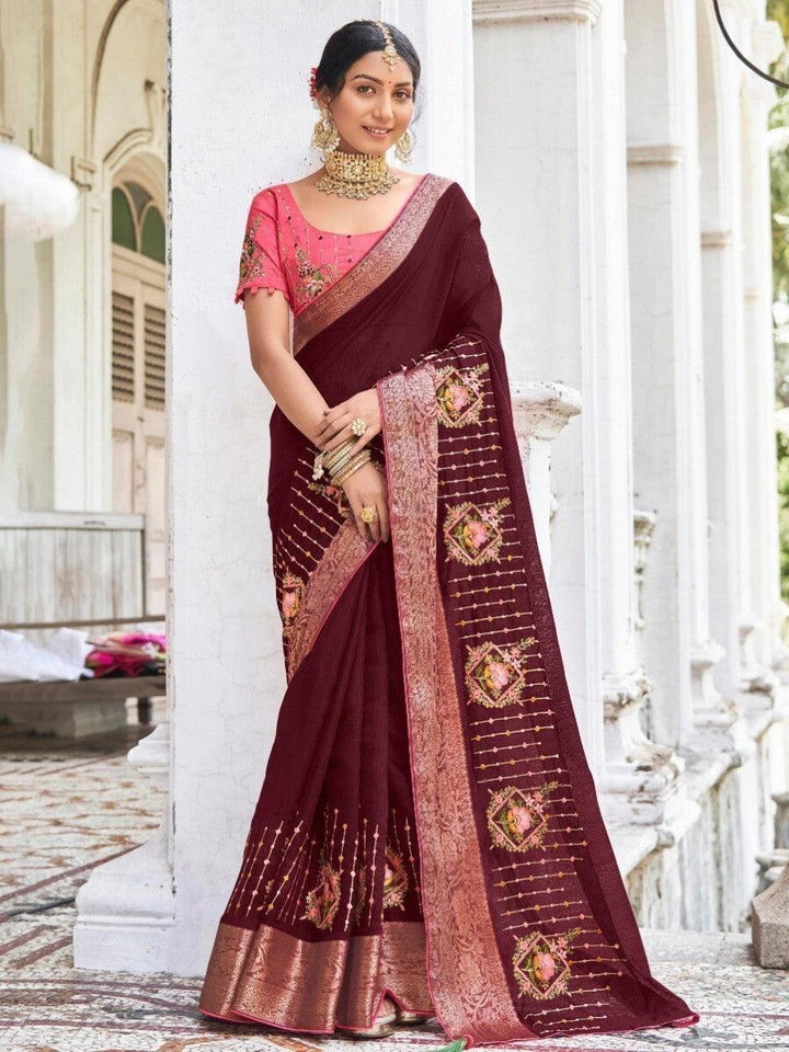 Attractive Maroon Embroidered Cotton Traditional Saree With Blouse