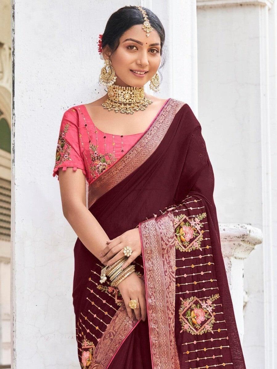 Attractive Maroon Embroidered Cotton Traditional Saree With Blouse