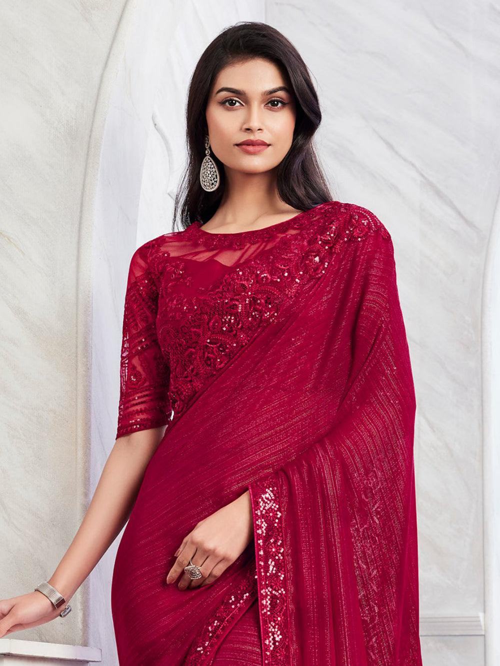 Attractive Maroon Embroidered Silk Reception Wear Saree With Blouse