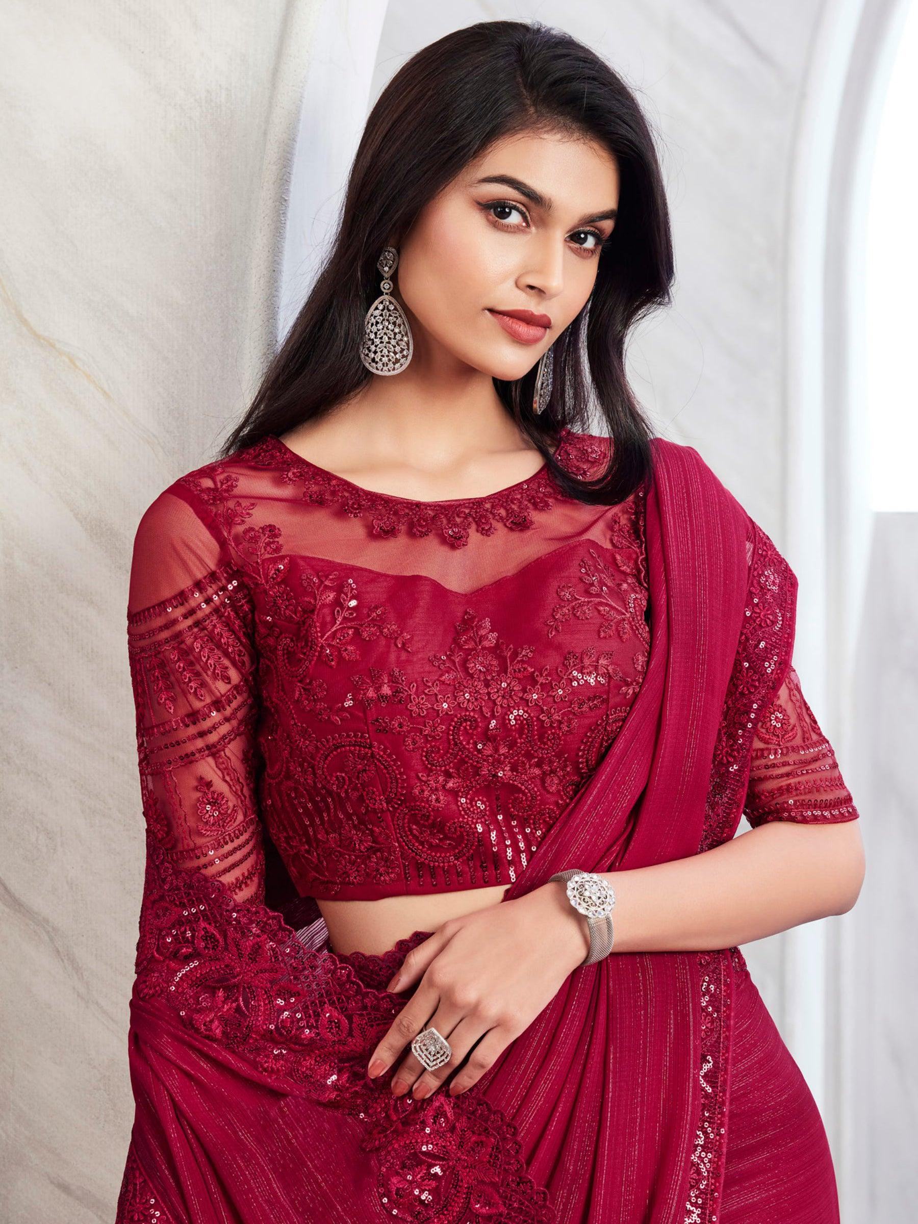 Attractive Maroon Embroidered Silk Reception Wear Saree With Blouse