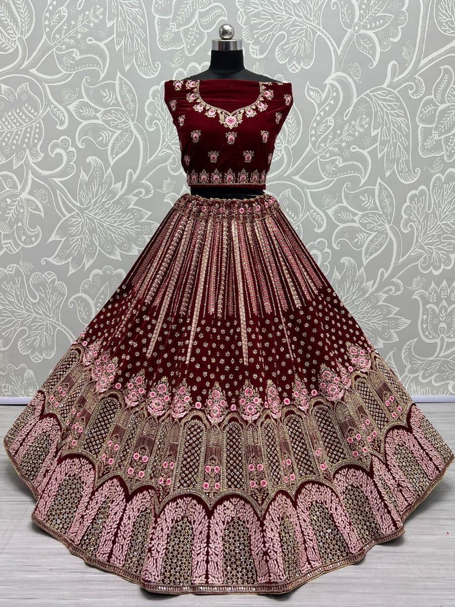 Attractive Maroon Embroidery Velvet Bridal Lehenga Choli With Dupatta