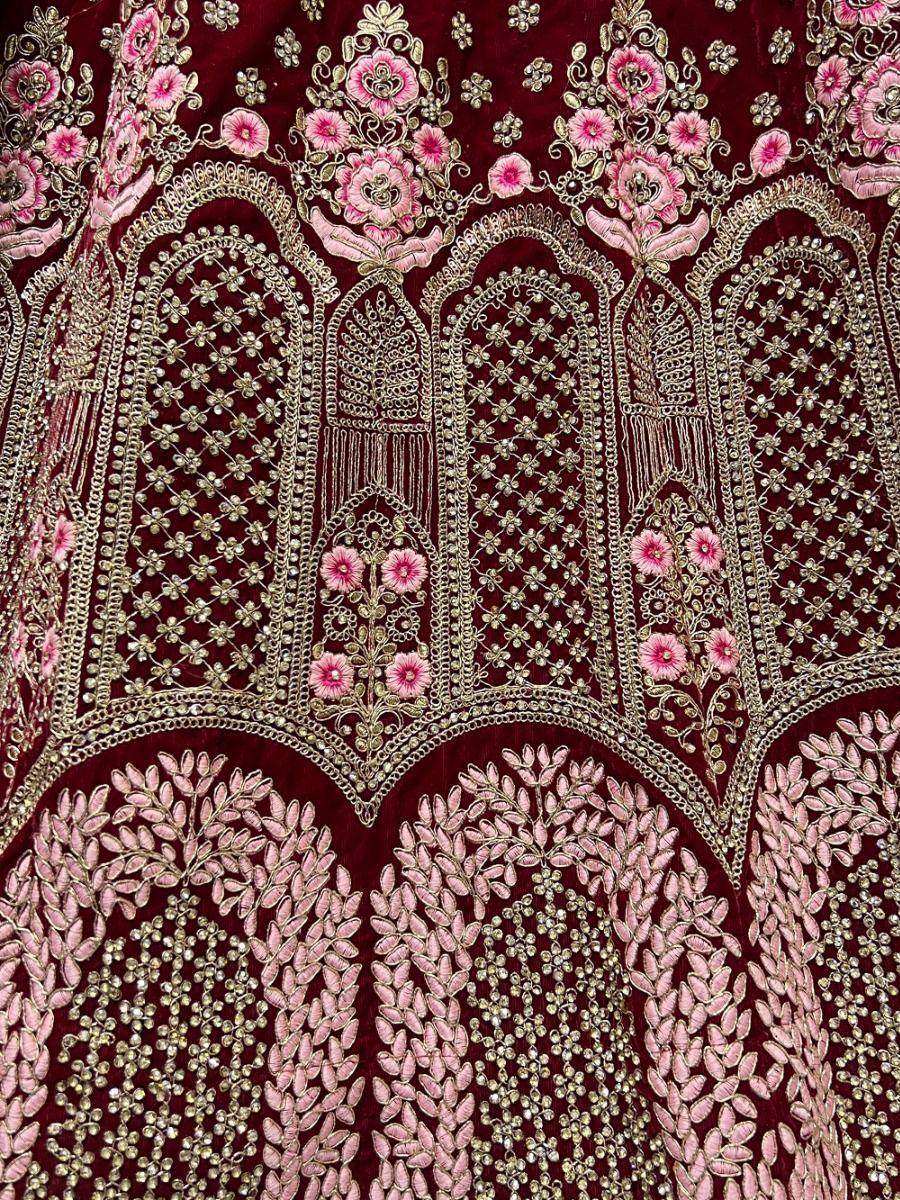 Attractive Maroon Embroidery Velvet Bridal Lehenga Choli With Dupatta - Zeel Clothing