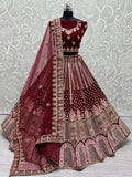 Attractive Maroon Embroidery Velvet Bridal Lehenga Choli With Dupatta - Zeel Clothing