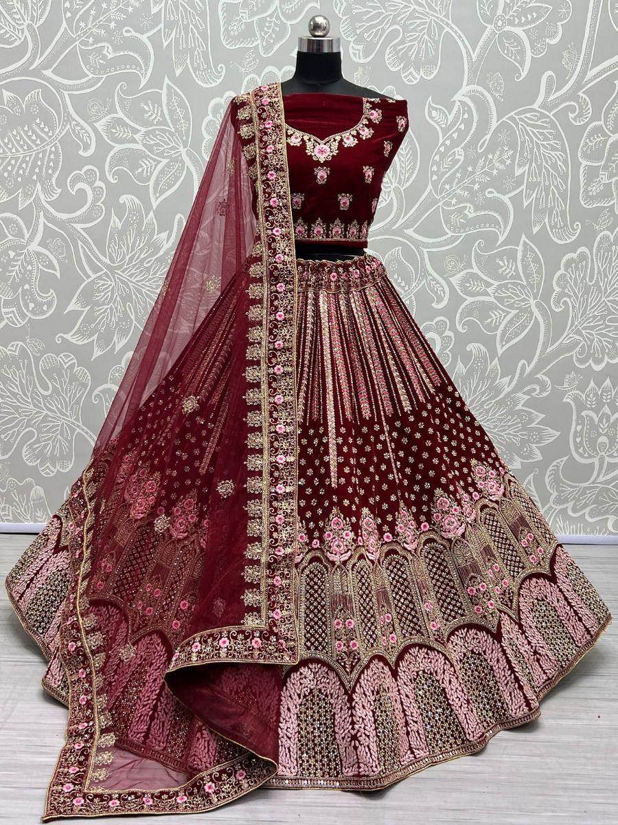 Attractive Maroon Embroidery Velvet Bridal Lehenga Choli With Dupatta - Zeel Clothing
