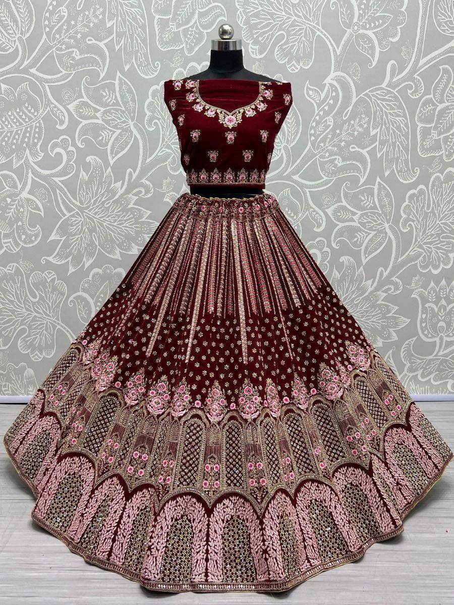 Attractive Maroon Embroidery Velvet Bridal Lehenga Choli With Dupatta - Zeel Clothing