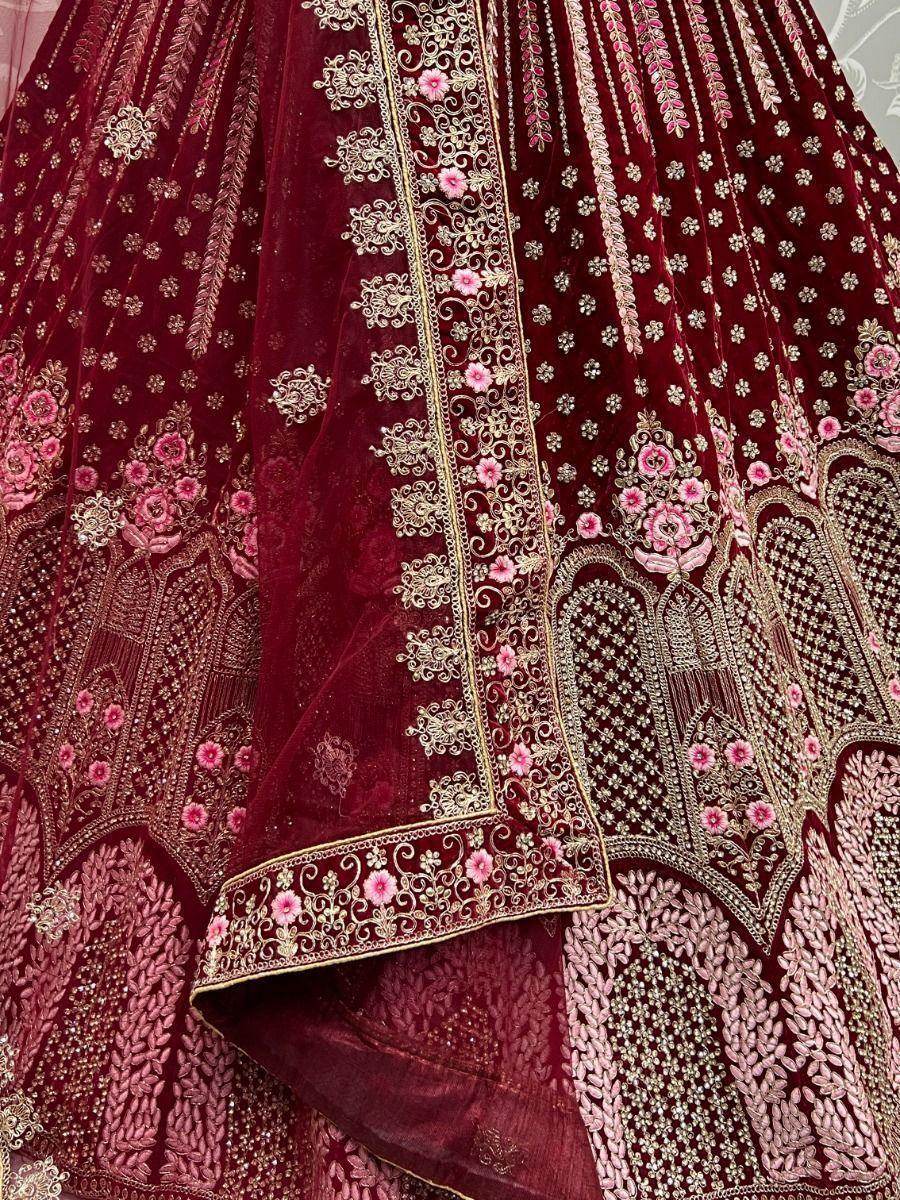 Attractive Maroon Embroidery Velvet Bridal Lehenga Choli With Dupatta - Zeel Clothing