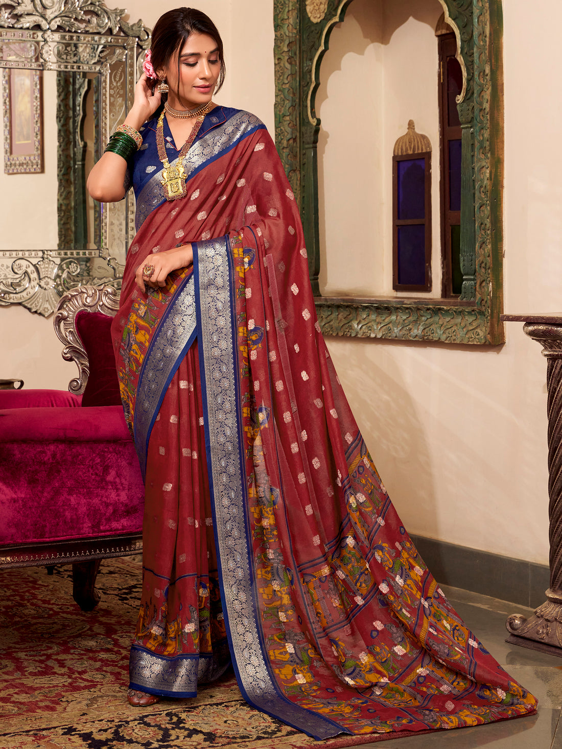 Attractive Maroon Kalamkari Printed Cotton Traditional Saree With Blouse - Zeel Clothing