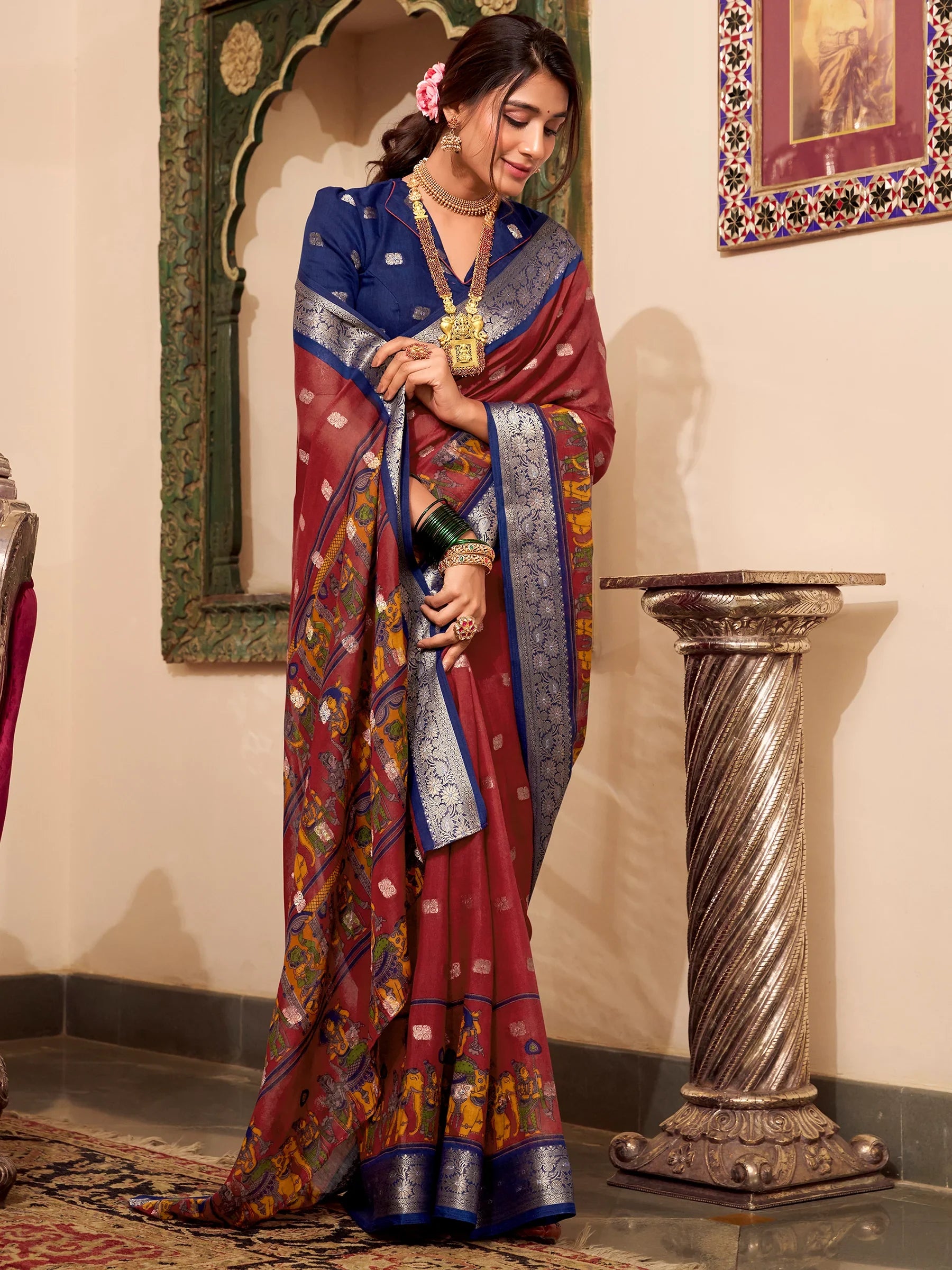 Attractive Maroon Kalamkari Printed Cotton Traditional Saree With Blouse - Zeel Clothing