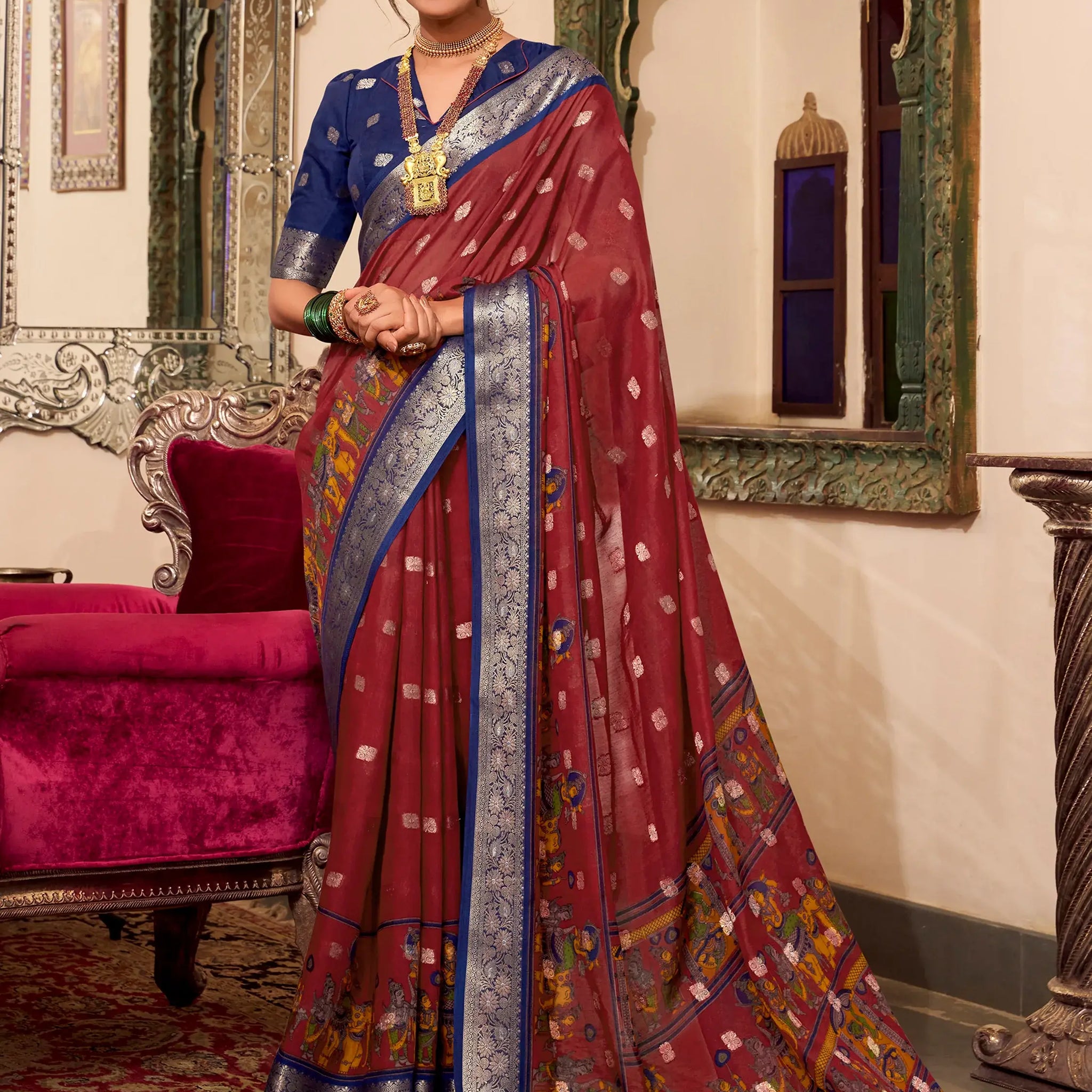 Attractive Maroon Kalamkari Printed Cotton Traditional Saree With Blouse - Zeel Clothing