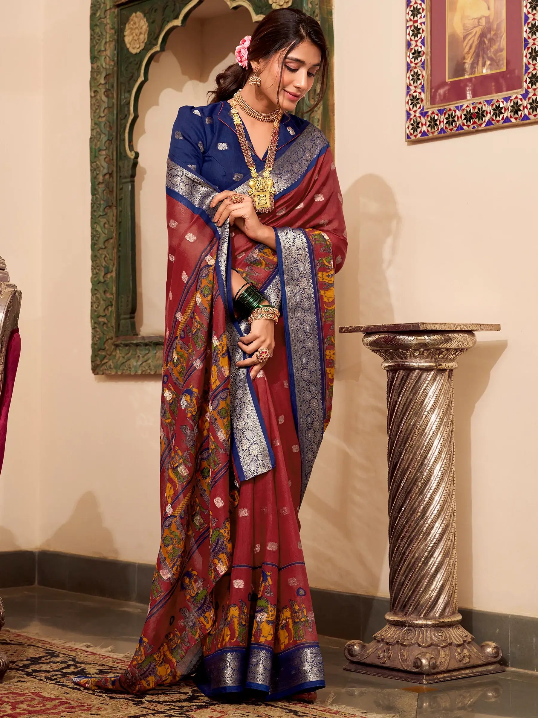 Attractive Maroon Kalamkari Printed Cotton Traditional Saree With Blouse - Zeel Clothing