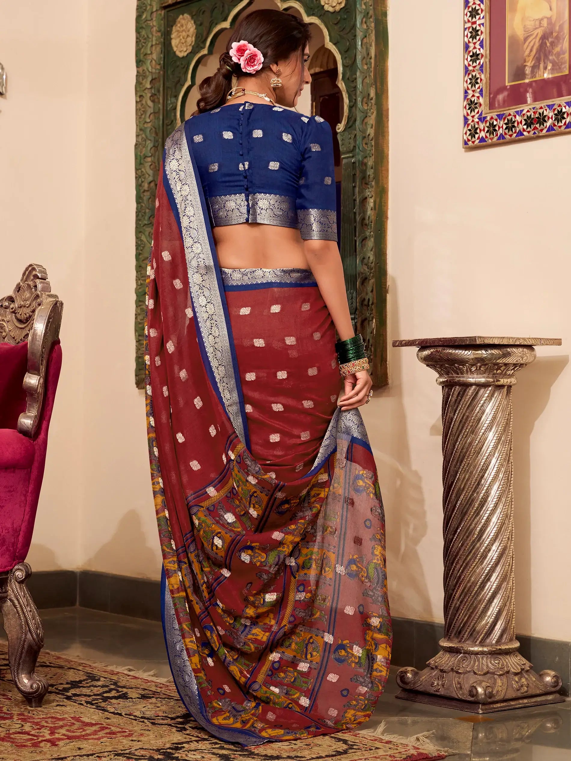 Attractive Maroon Kalamkari Printed Cotton Traditional Saree With Blouse - Zeel Clothing