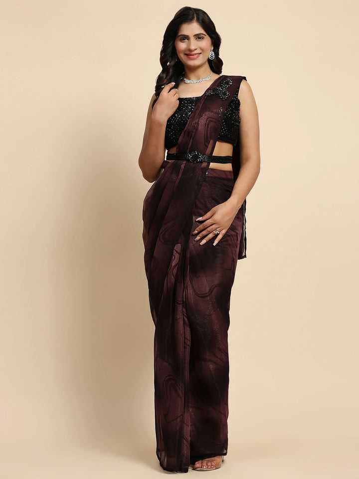 Attractive Maroon Printed Satin Pre-Stitched Saree With Blouse - Zeel Clothing