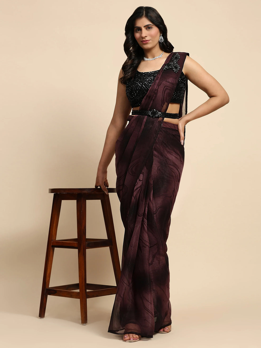Attractive Maroon Printed Satin Pre-Stitched Saree With Blouse - Zeel Clothing
