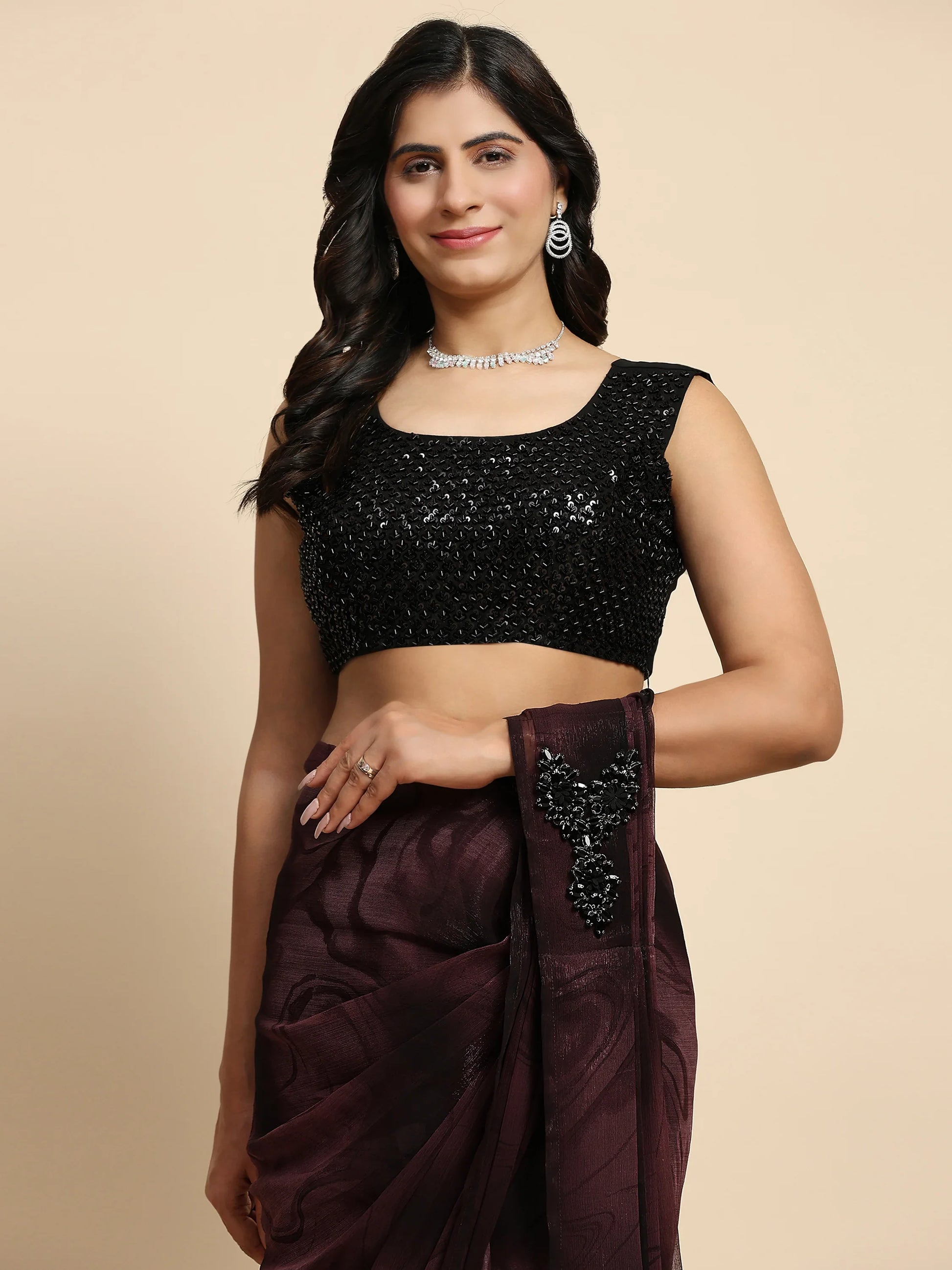 Attractive Maroon Printed Satin Pre-Stitched Saree With Blouse - Zeel Clothing