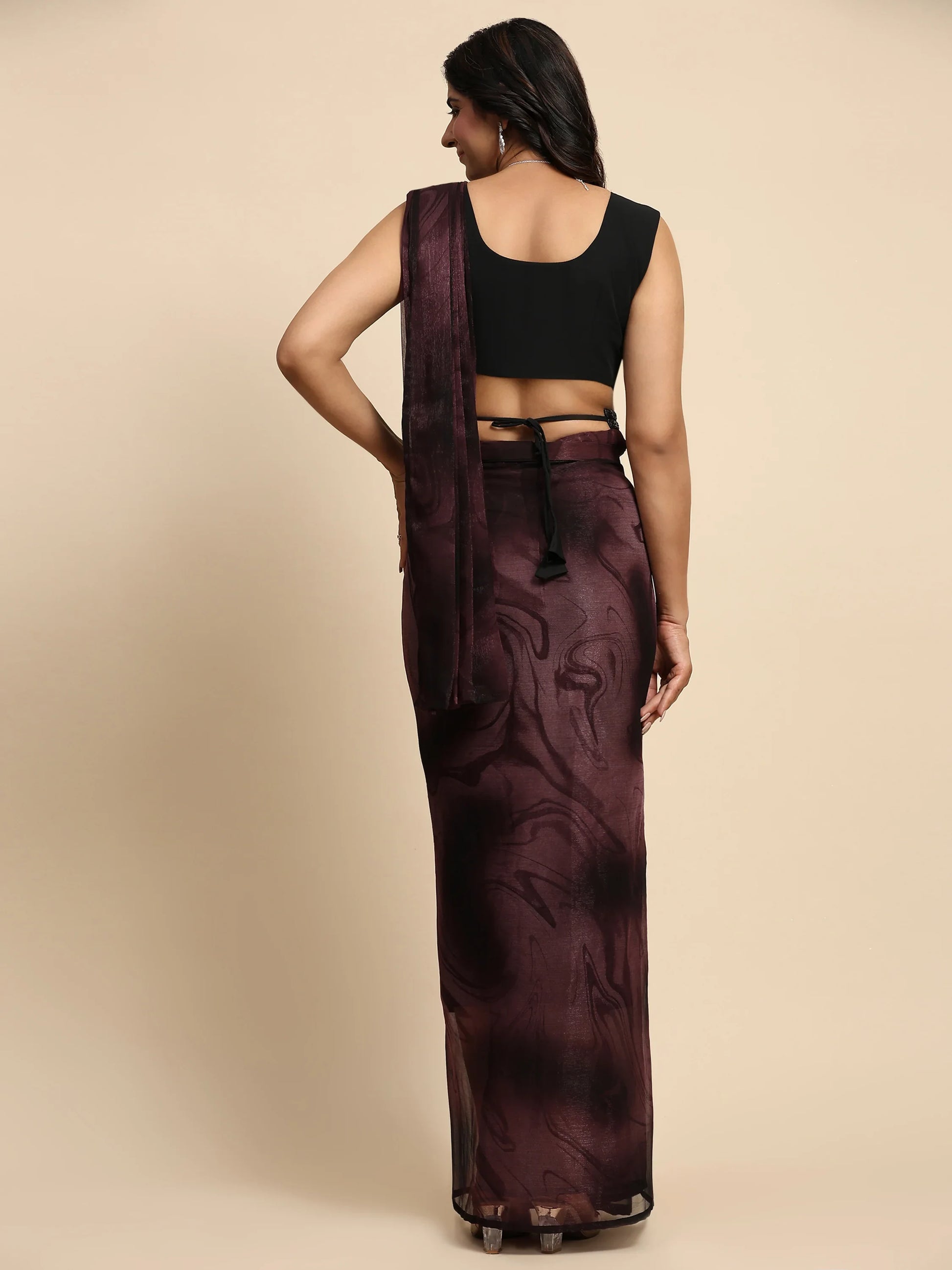 Attractive Maroon Printed Satin Pre-Stitched Saree With Blouse - Zeel Clothing