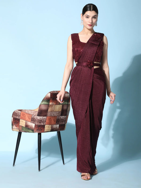 Attractive Maroon Satin Pre-Stitched Party Wear Saree With Blouse - Zeel Clothing