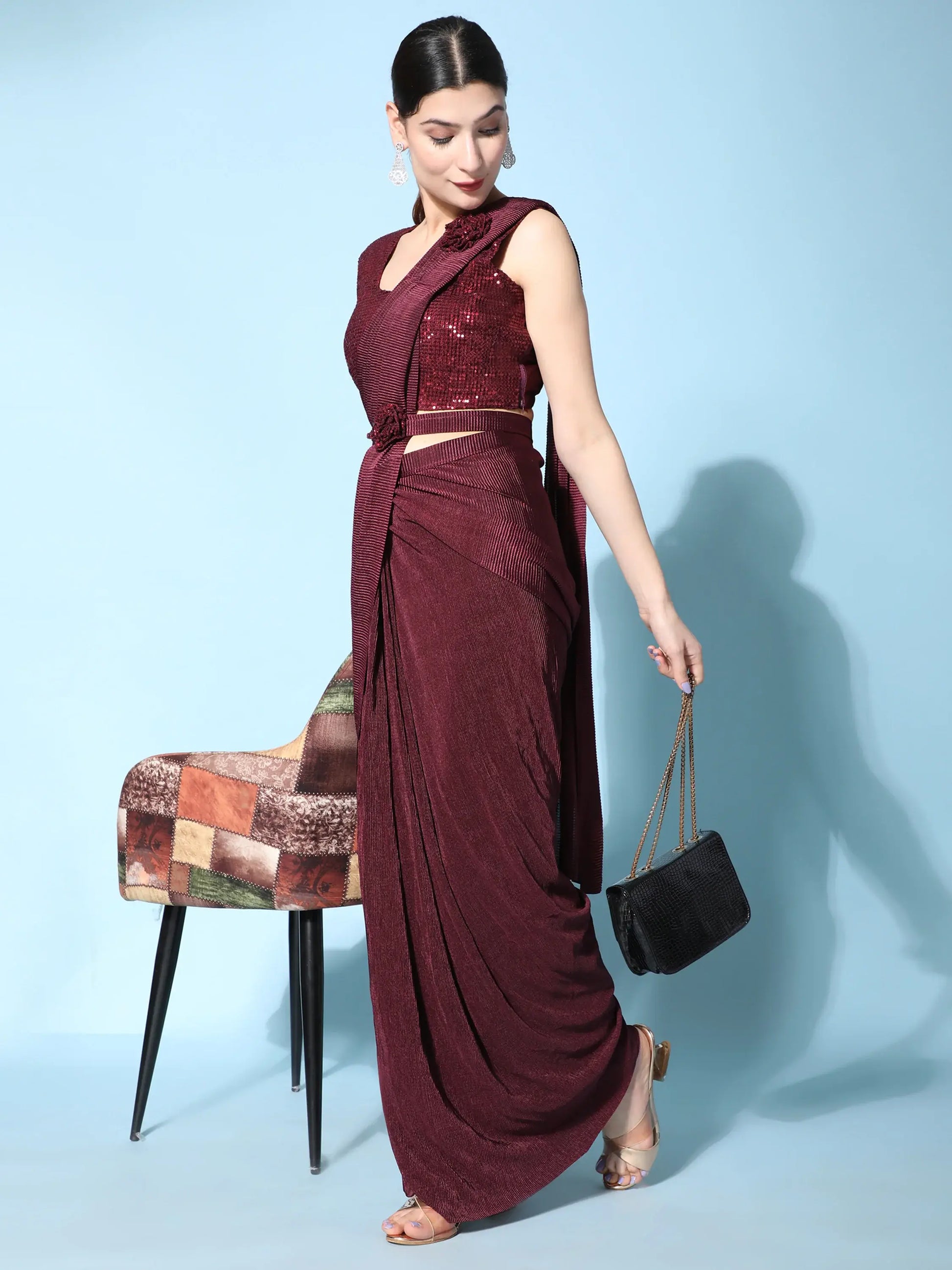 Attractive Maroon Satin Pre-Stitched Party Wear Saree With Blouse - Zeel Clothing