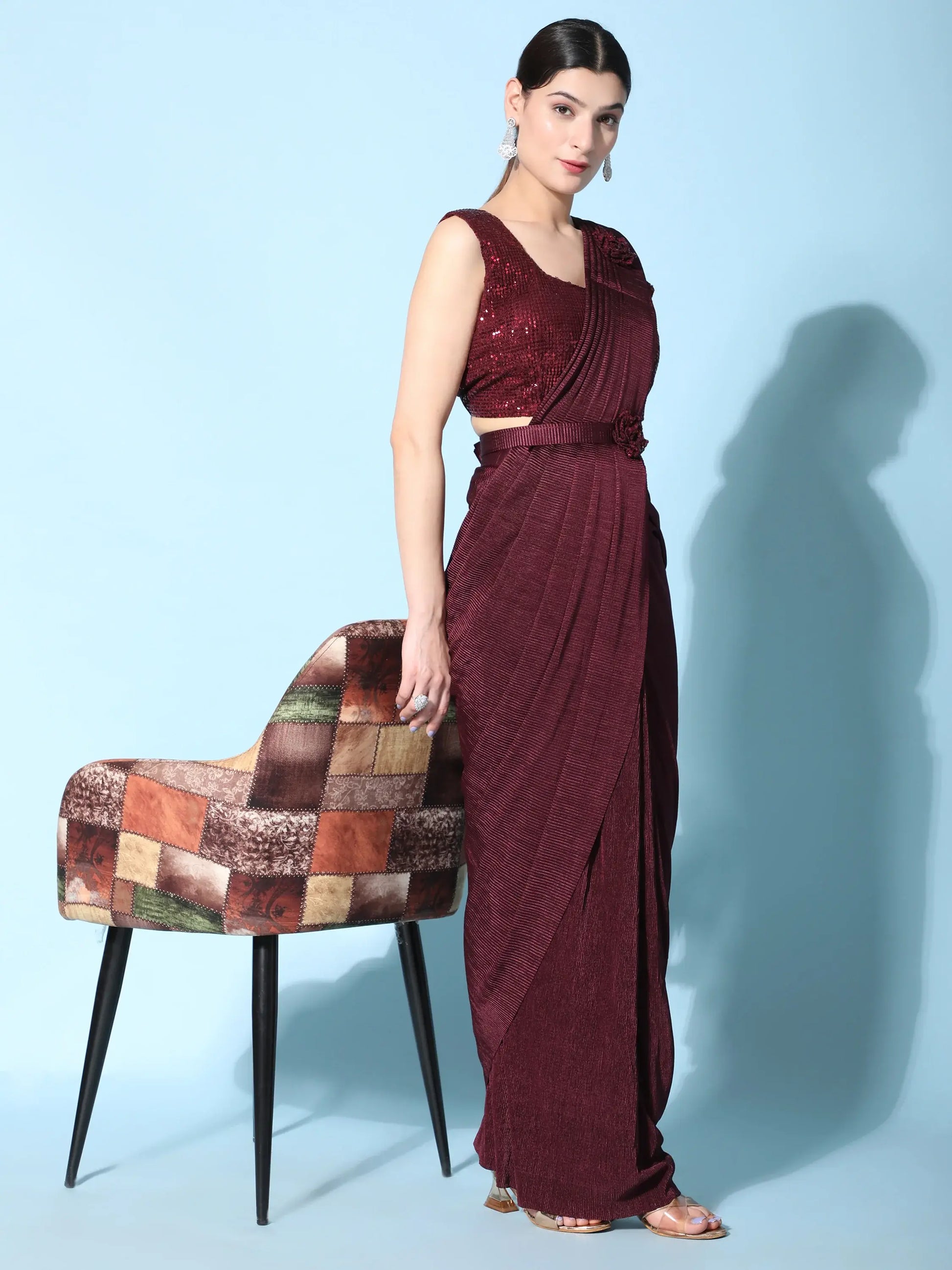 Attractive Maroon Satin Pre-Stitched Party Wear Saree With Blouse - Zeel Clothing
