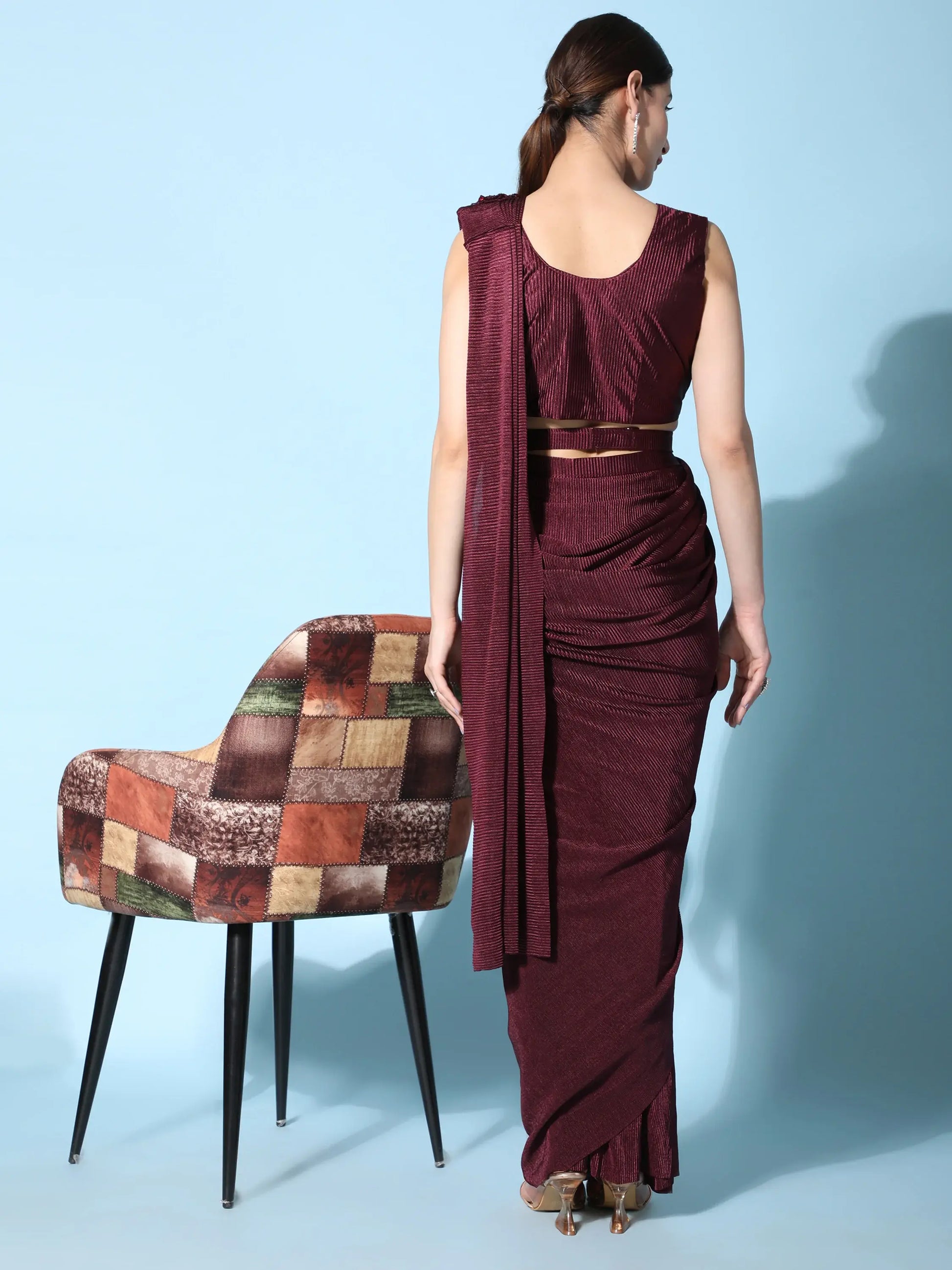 Attractive Maroon Satin Pre-Stitched Party Wear Saree With Blouse - Zeel Clothing