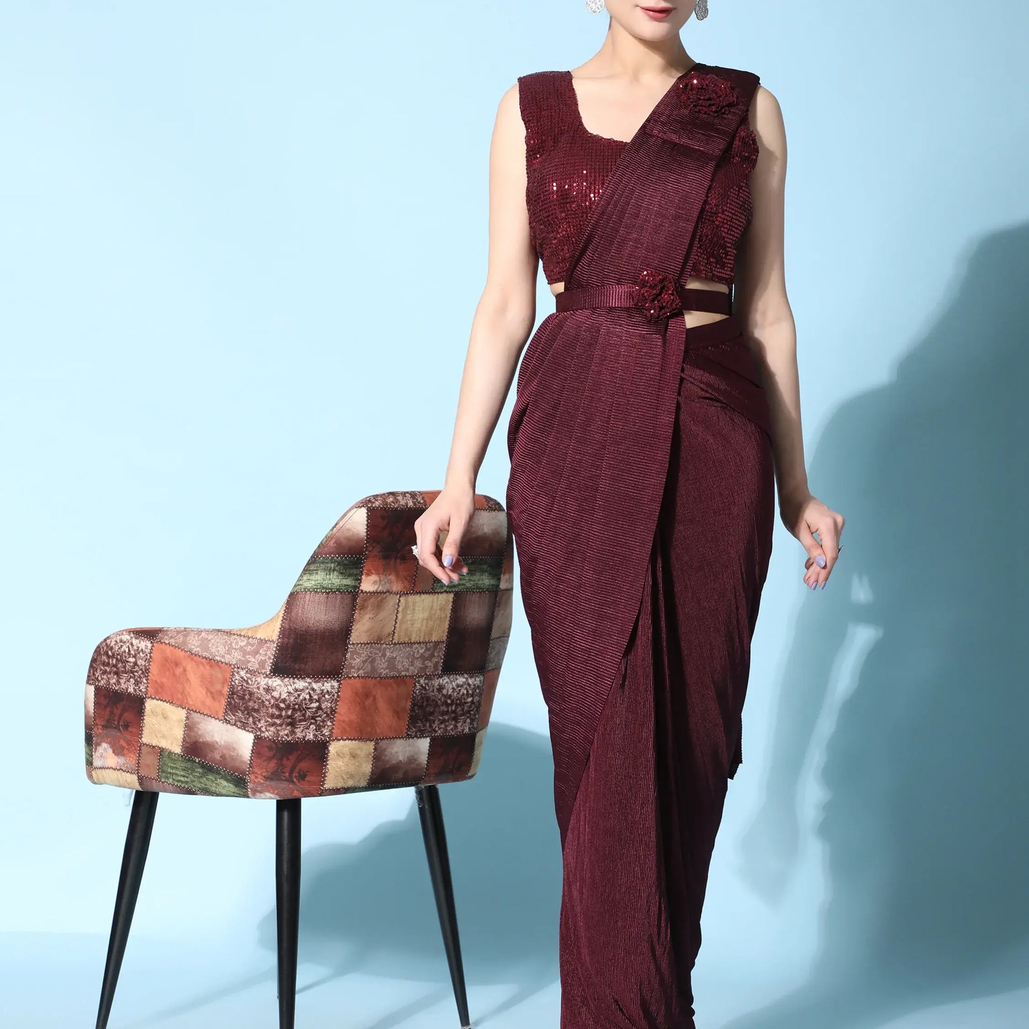 Attractive Maroon Satin Pre-Stitched Party Wear Saree With Blouse - Zeel Clothing