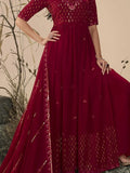 Elegant maroon anarkali gown with gold embroidery, perfect for festive occasions and women's fashion.