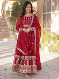 Attractive Maroon Zari Embroidery Georgette Wedding Wear Gown With Dupatta - Zeel Clothing