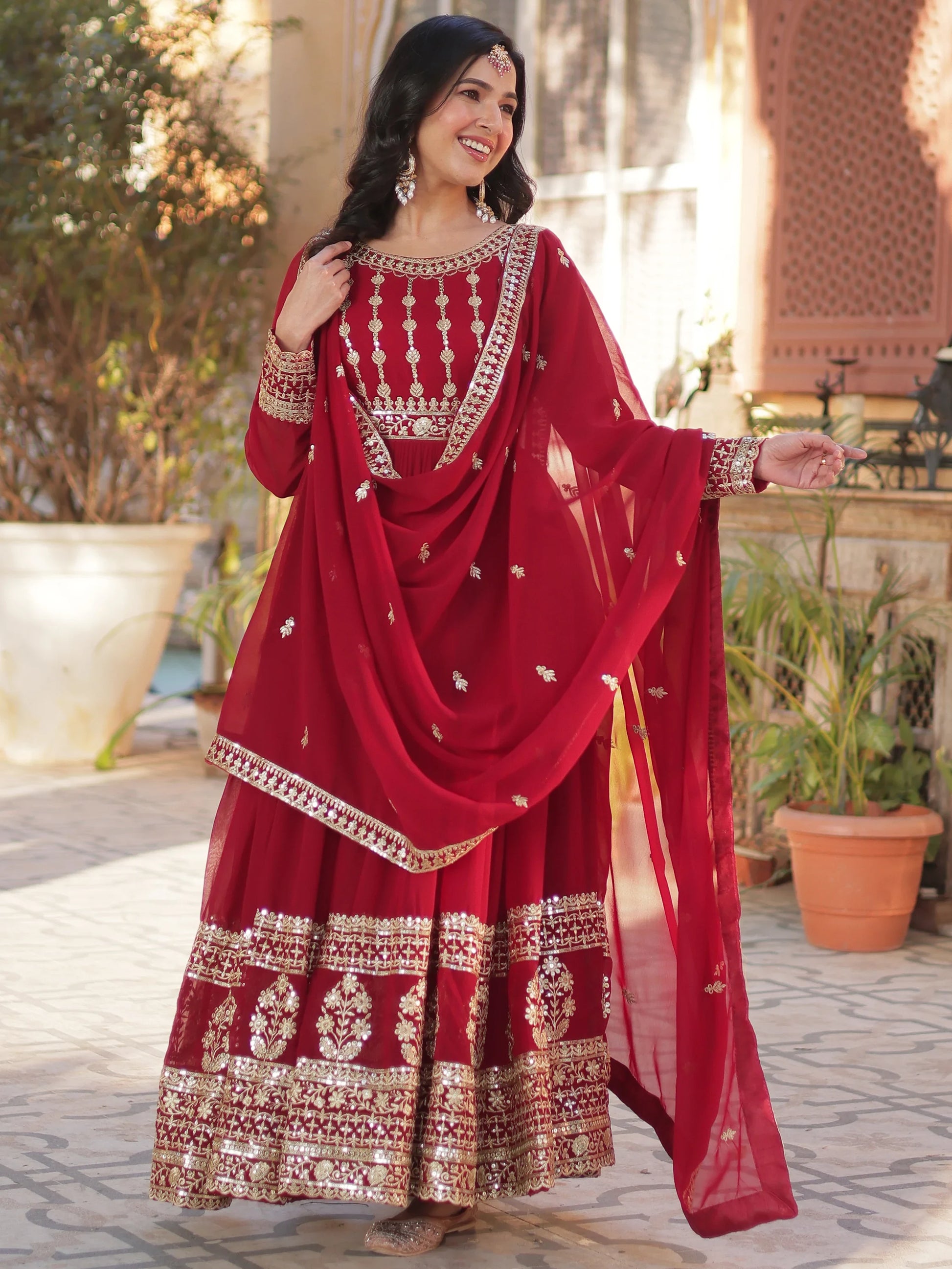 Attractive Maroon Zari Embroidery Georgette Wedding Wear Gown With Dupatta - Zeel Clothing