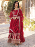 Attractive Maroon Zari Embroidery Georgette Wedding Wear Gown With Dupatta - Zeel Clothing