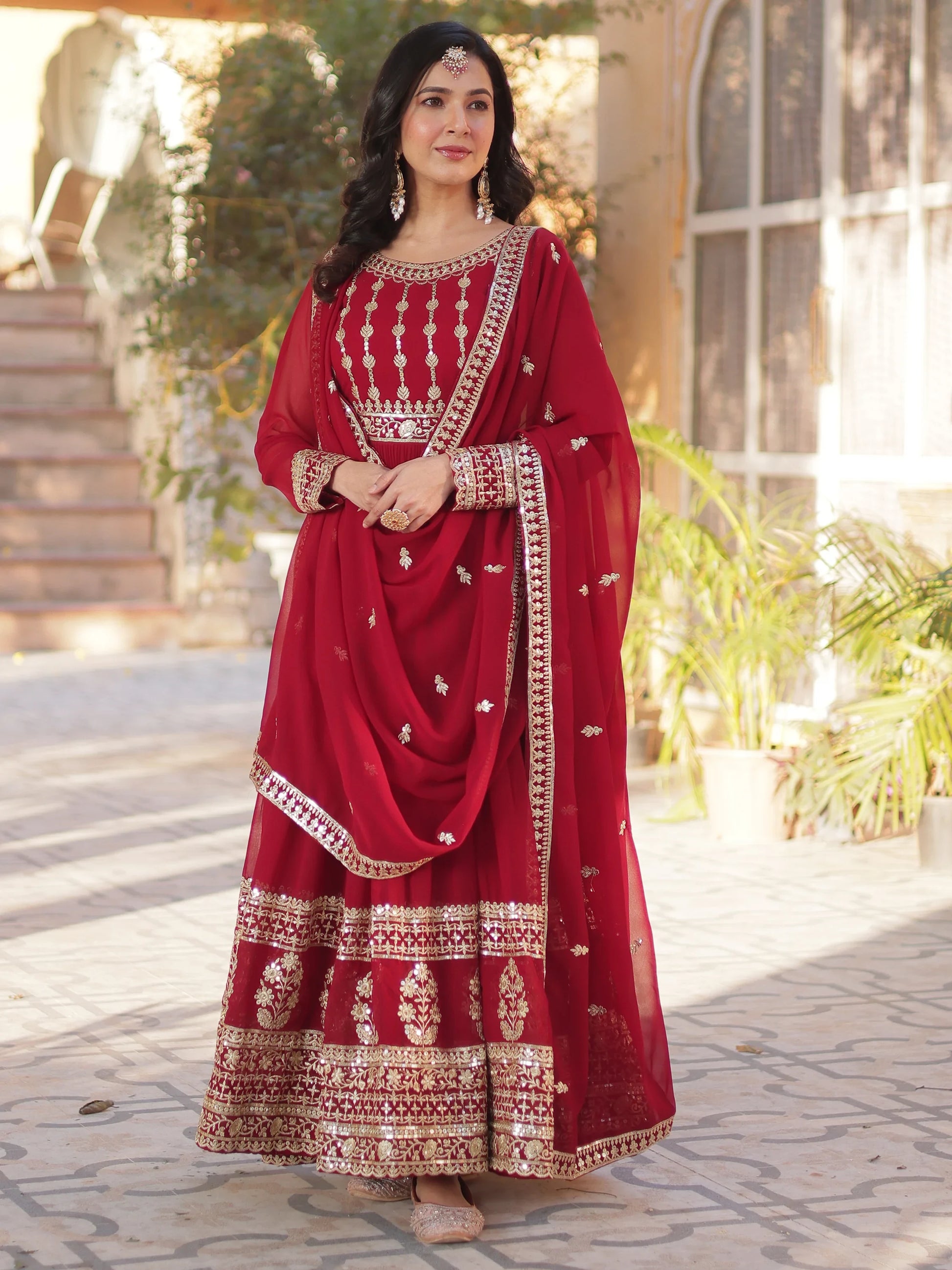 Attractive Maroon Zari Embroidery Georgette Wedding Wear Gown With Dupatta - Zeel Clothing