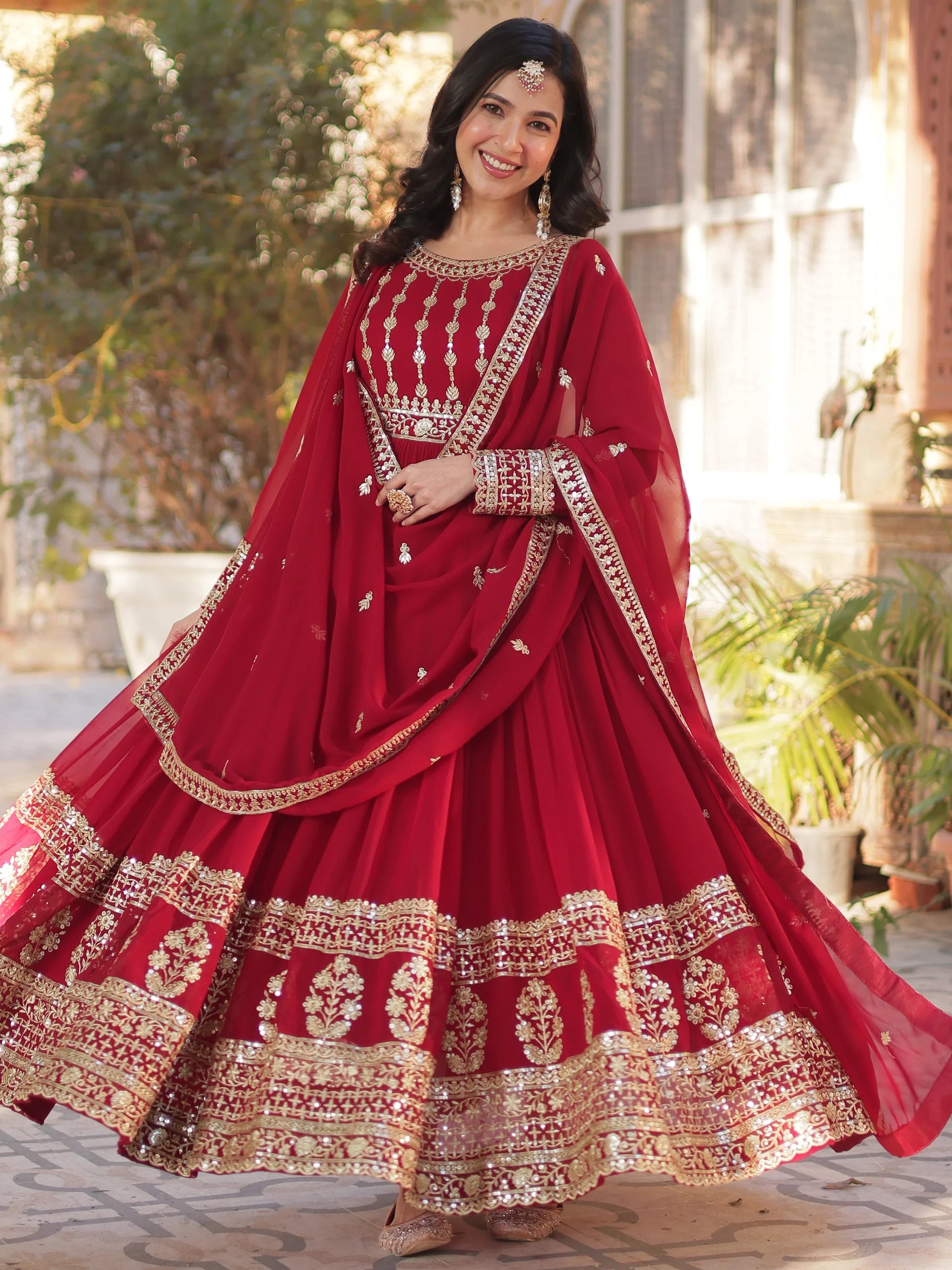 Attractive Maroon Zari Embroidery Georgette Wedding Wear Gown With Dupatta - Zeel Clothing