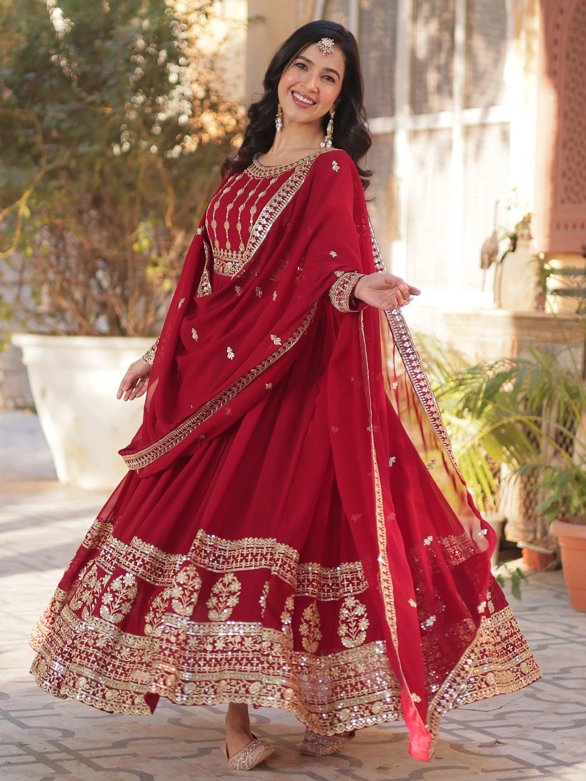 Attractive Maroon Zari Embroidery Georgette Wedding Wear Gown With Dupatta - Zeel Clothing